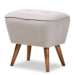 Baxton Studio Petronelle Mid-Century Modern Greyish Beige Fabric Upholstered Walnut Brown Finished Wood Ottoman